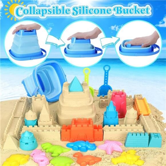 Collapsible Beach Toys for Kids, Sand Bucket and Shovels Set with Mesh Bag - Picture 2 of 8